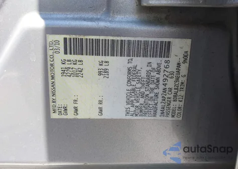 2010 Nissan Altima 2.5 S z USA, uszkodzony, nr VIN 1N4AL2AP2AN492768